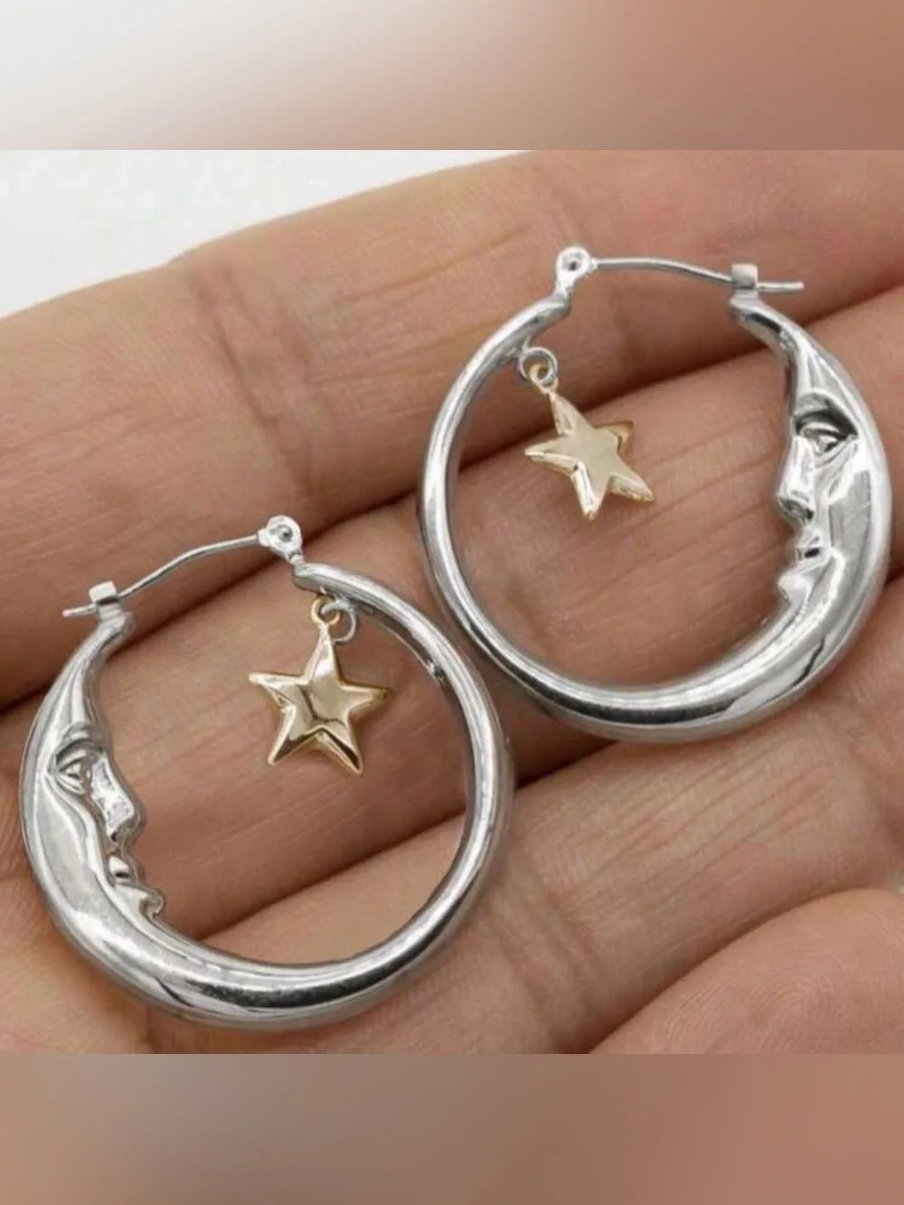 Silver Crescent Moon Hoop Earrings with Gold Star Charm M850